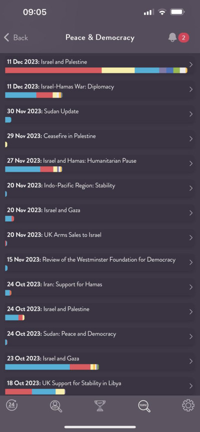 Screenshot of debates list from ScrutinyCounts app