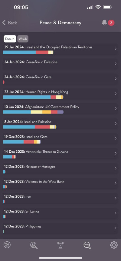 Screenshot from ScrutinyCounts app showing list of debates