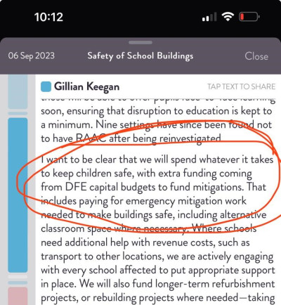 Screenshot showing what Gillian Keegan said about RAAC