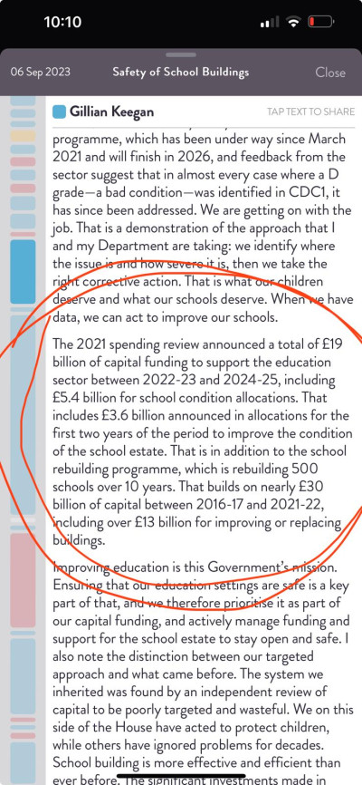 Screenshot from a debate in Parliament detailing the budget to rebuild schools